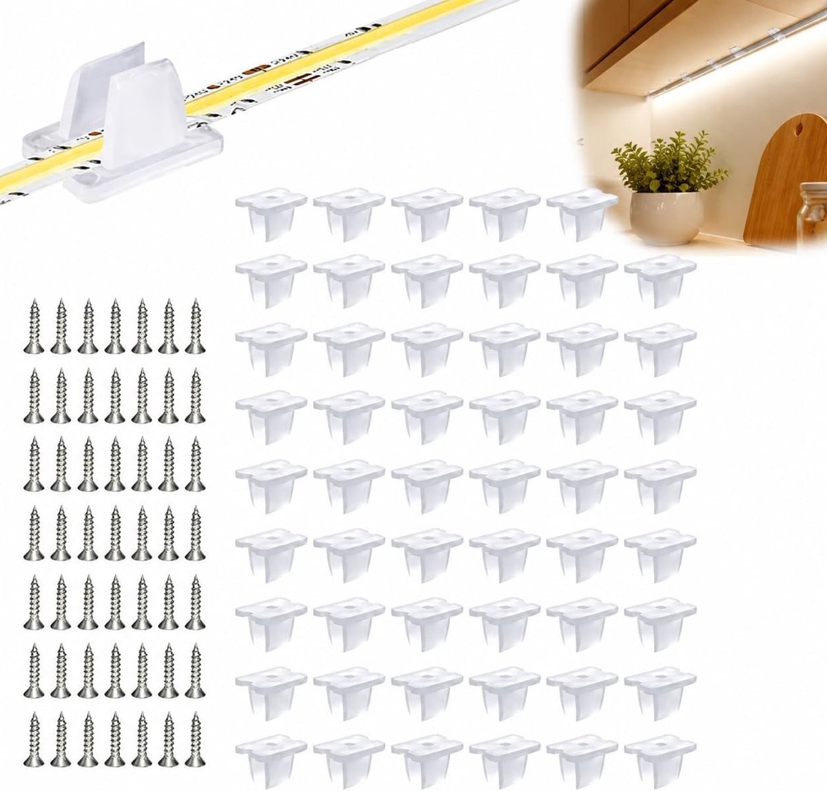 Waterdichte LED Strip Clips – 50 Stuks Translucente Bevestigingsbeugels voor 5mm tot 6mm Silicone Strips met Schroeven – Onzichtbare Montage voor Verlichting en Decoratie