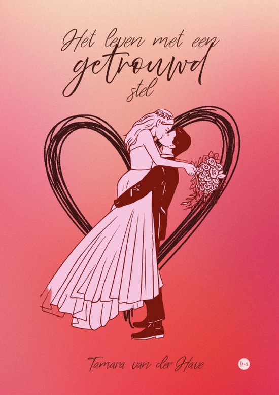 Een bruid en bruidegom kussen, de bruidegom houdt de bruid vast. Roze hart met de tekst "Het leven met een getrouwd stel".