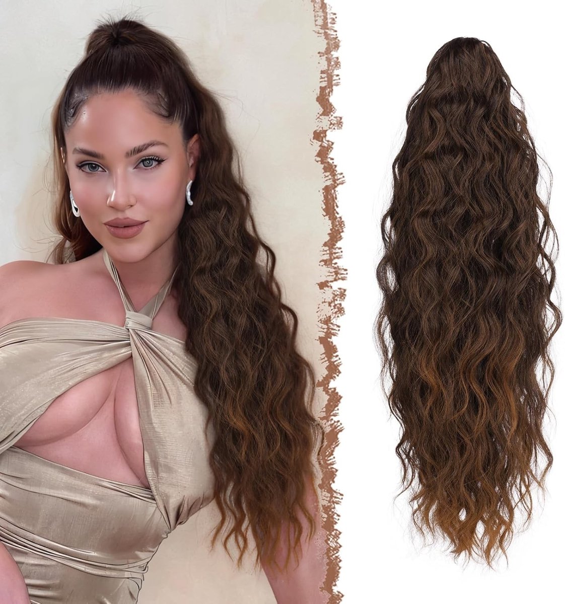 Langdurige Krullende Ponytail Extensions voor Vrouwen - Synthetische Haarstukken met Klamma, Zwart naar Kastanjebruin, 65 cm, Ideaal voor Feest en Dagelijks Gebruik