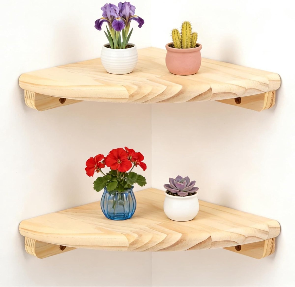 Hoekplank van Massief Hout, Makkelijk te Monteren, Wandplank voor Slaapkamer, Badkamer en Woonkamer - 2 Stuks, Decoratieve Plank voor Planten en Accessoires