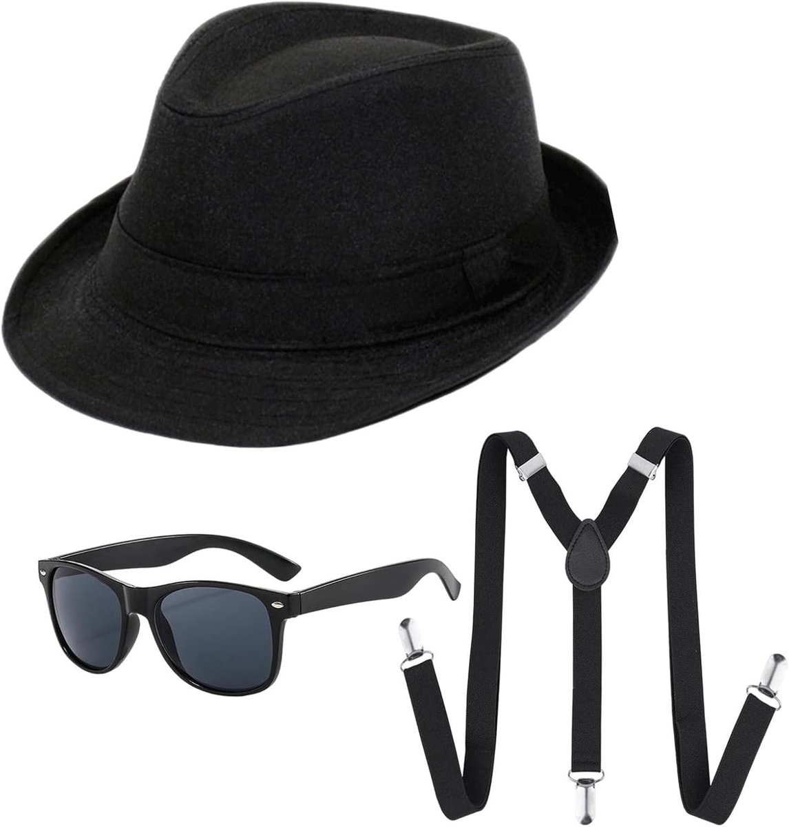 Stijlvolle 1920s Gangster Kostuumaccessoires voor Mannen - Hoed, Braces en Zonnebril voor Halloween en Cosplay