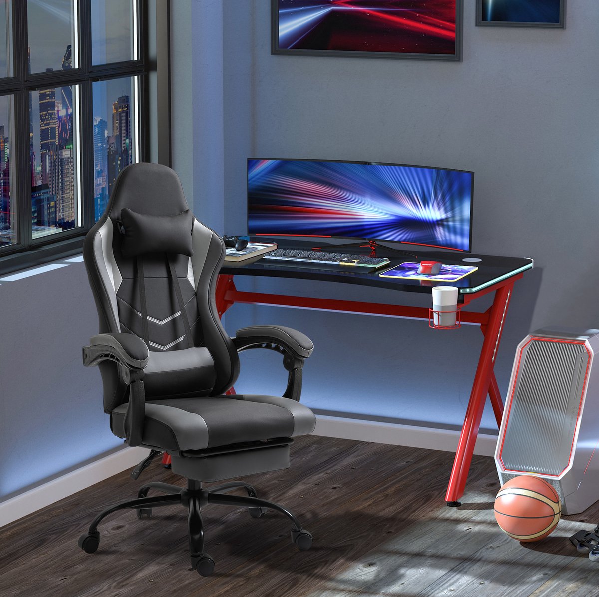 REDOM - Gamingstoel - Ergonomisch met hoofdsteun en lendenkussen - Rugleuning tot 160° met uitschuifbare voetsteun - Kunstleer - Zwart - 62 x 52 x 122-128 cm