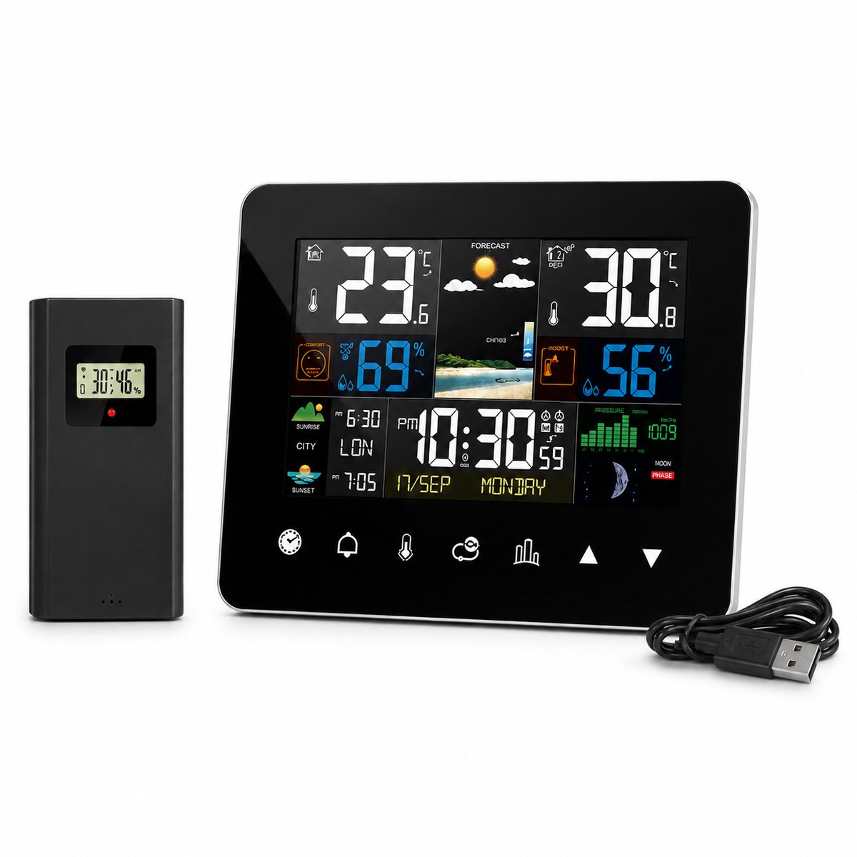 Digitaal Weerstation - Draadloze Buitensensor - Touchscreen - Zwart
