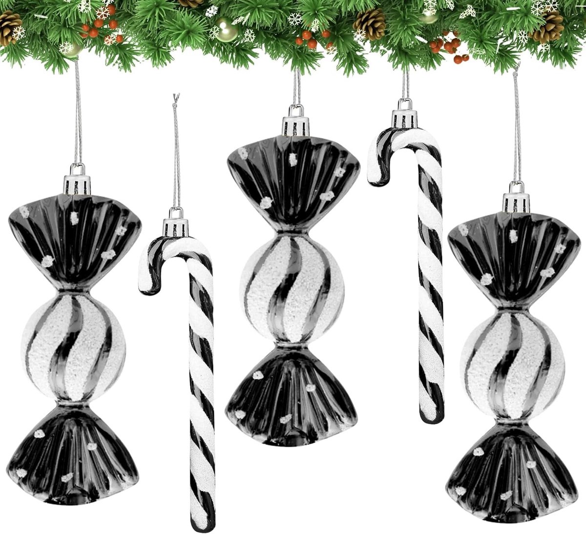Kerstdecoratie met 18 suikerrietjes, kleurrijke kerstversiering, glinsterende baubles en feestelijke accenten voor een sfeervolle boomdecoratie