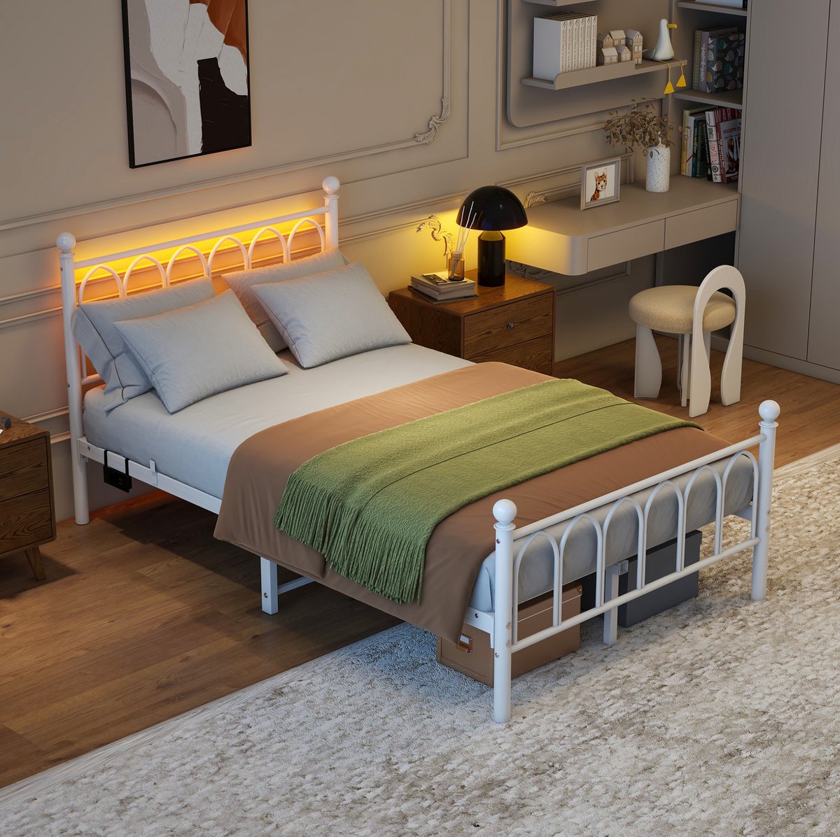 Wishdor Bed 120x200 cm - Hoog hoofdbord en voetbord - LED-verlichting, USB-oplaadstation en lattenbodem - Opbergruimte slaapkamer - Metaal en MDF - Wit