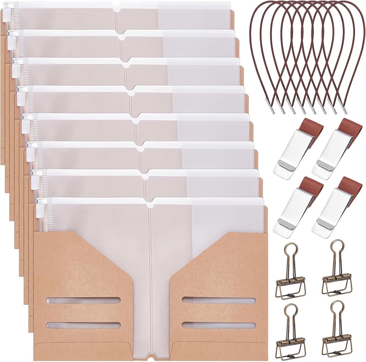 Reisdagboek Accessoires Set met Kraft Papier Reisfolder, Ritszak, Penhouder, Bindclips en Elastische Bandjes voor Journal en Paspoort Organizer, Inclusief Pasfoto Formaat