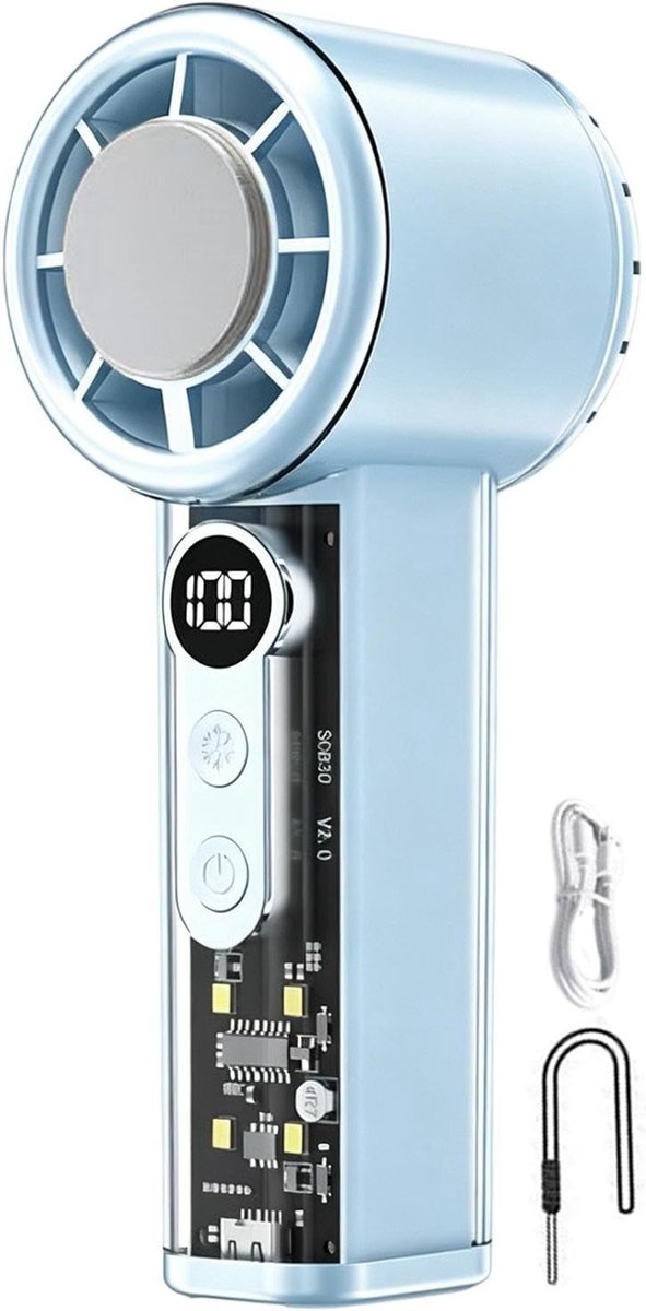 Handventilator met ijskoeling - Draagbare turboventilator met ijskoeler - 100 Snelheden Turbo Fan met LED Display - Stil & Krachtig - Voor buiten en op reis - Draagkoord inbegrepen - Blauw - Draagbare Stille Ventilator voor Reizen en Kantoor