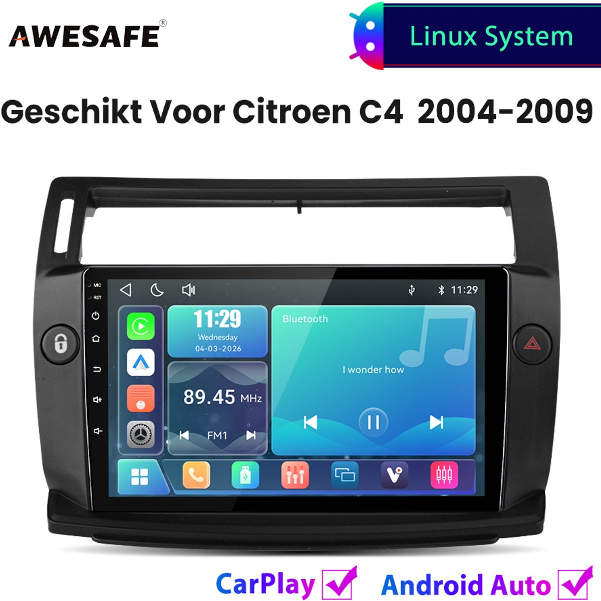 Awesafe Autoradio - Geschikt Voor Citroen C4 2004 t/m 2009 - Draadloos Carplay Android Auto - Linux systeem - Touchscreen - Bluetooth Wifi - 2004 2005 2006 2007 2008 2009