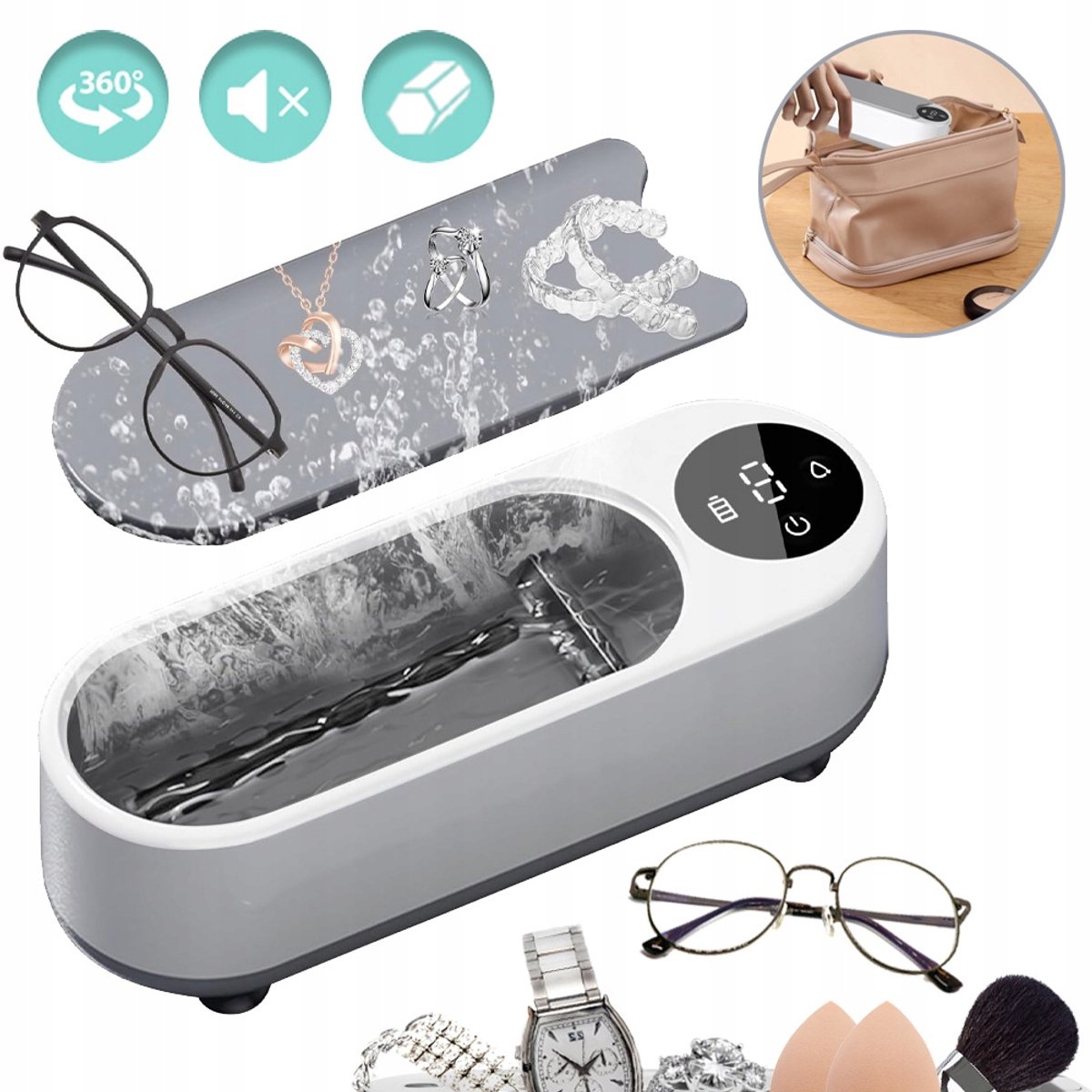 Draagbaar Ultrasoon Reinigingsapparaat 380 ml - Hoogfrequentie 360° Dieptereiniging Bediening Met één Knop USB Oplaadbaar - Voor Brillen Sieraden Horloges En Kleine Accessoires - Wit