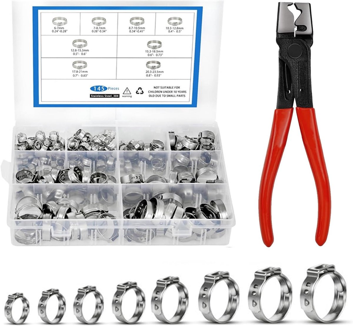 145-delige RVS Slangenklemmen Set met 1 Slang, 6-23,5mm, 9 Maten voor Slangenbevestiging en Reparatie