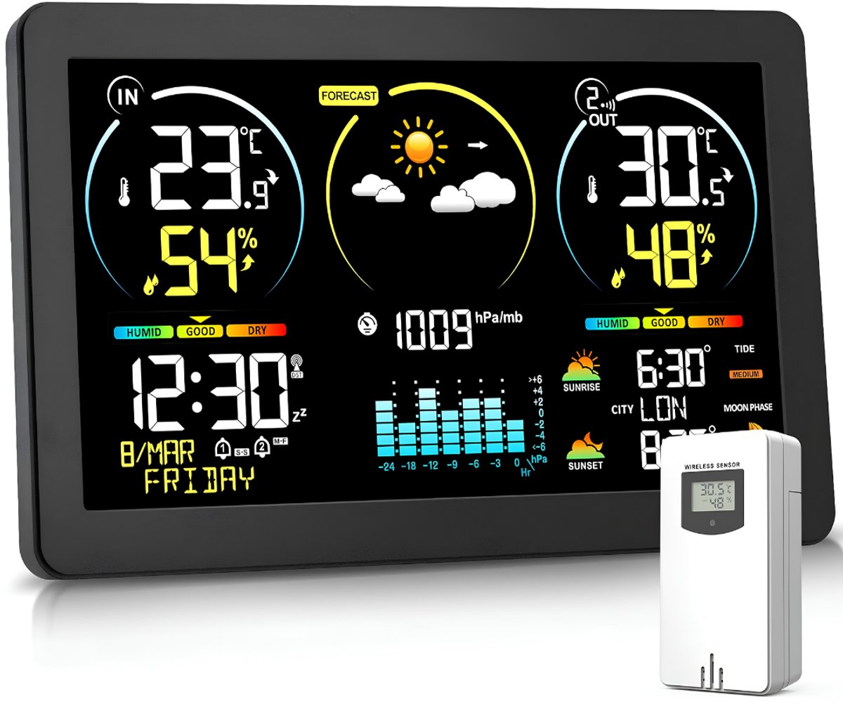 TYR® Weerstation - Thermometer Hygrometer - Weerstation Binnen en Buiten - Zwart - 22cm x 15cm x 8cm