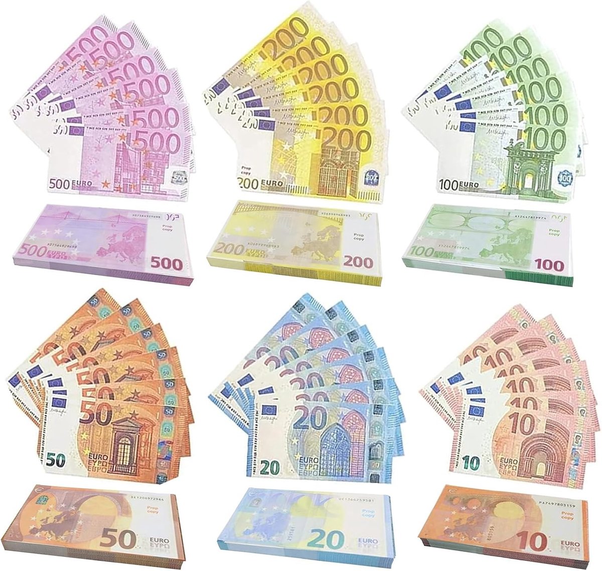 Speelgeld set met 120 euro bankbiljetten in coupures van 10, 20, 50, 100, 200 en 500, leer over geld en valuta