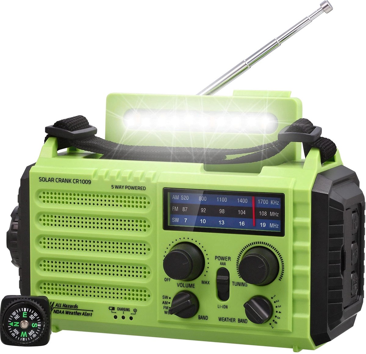 Noodradio met zaklamp, zonne-energie en handzwengel, AM/FM/SW radio, powerbank, USB opladen