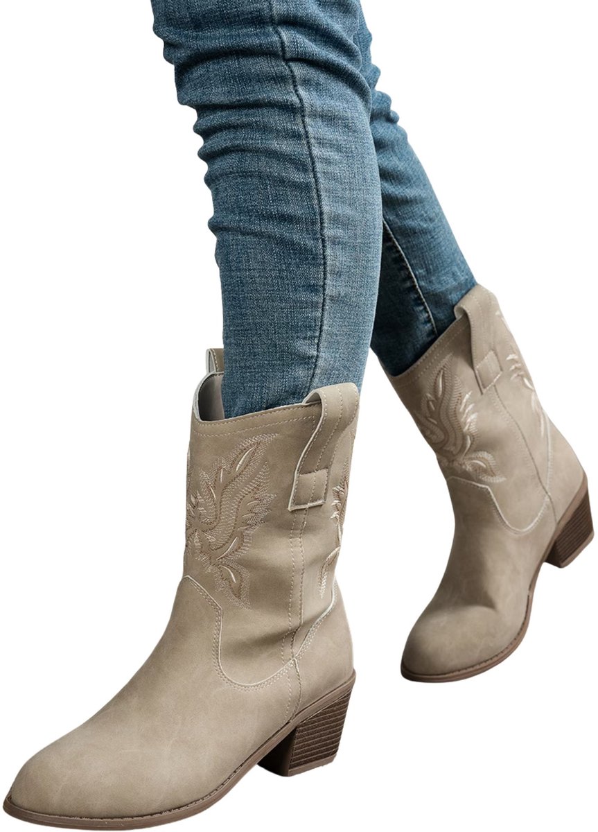 Currero Dames Cowboy Laarzen Hoge Hak Enkellaarzen Kniehoge Western Boots Chelsea 39 5 Beige