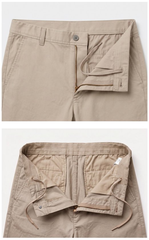 Close-up van de tailleband en gulp van een beige chino broek met trekkoord en knoop.