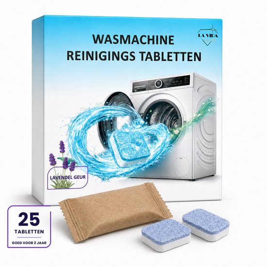 Boîte de 25 tablettes nettoyantes pour machine à laver, parfum lavande. Deux tablettes et un emballage marron à côté.