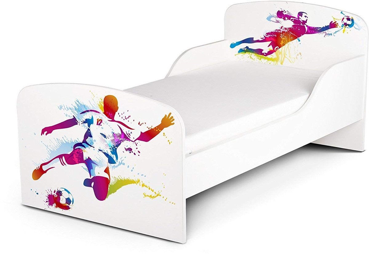 Elzusha - Modern Wit Houten Kinderbed met Matrassen 140x70 cm en UV Print (Voetbal)