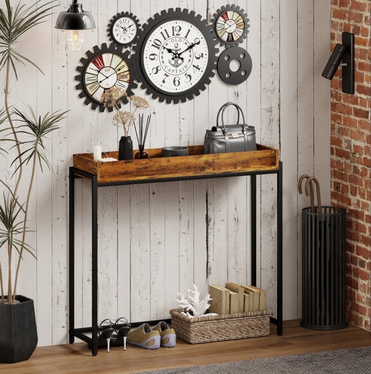 OKWISH Sidetable - Smal Design - Metaal En Spaanplaat - Voor Hal En Woonkamer - Rustiek Bruin - 100 X 30 X 91 Cm