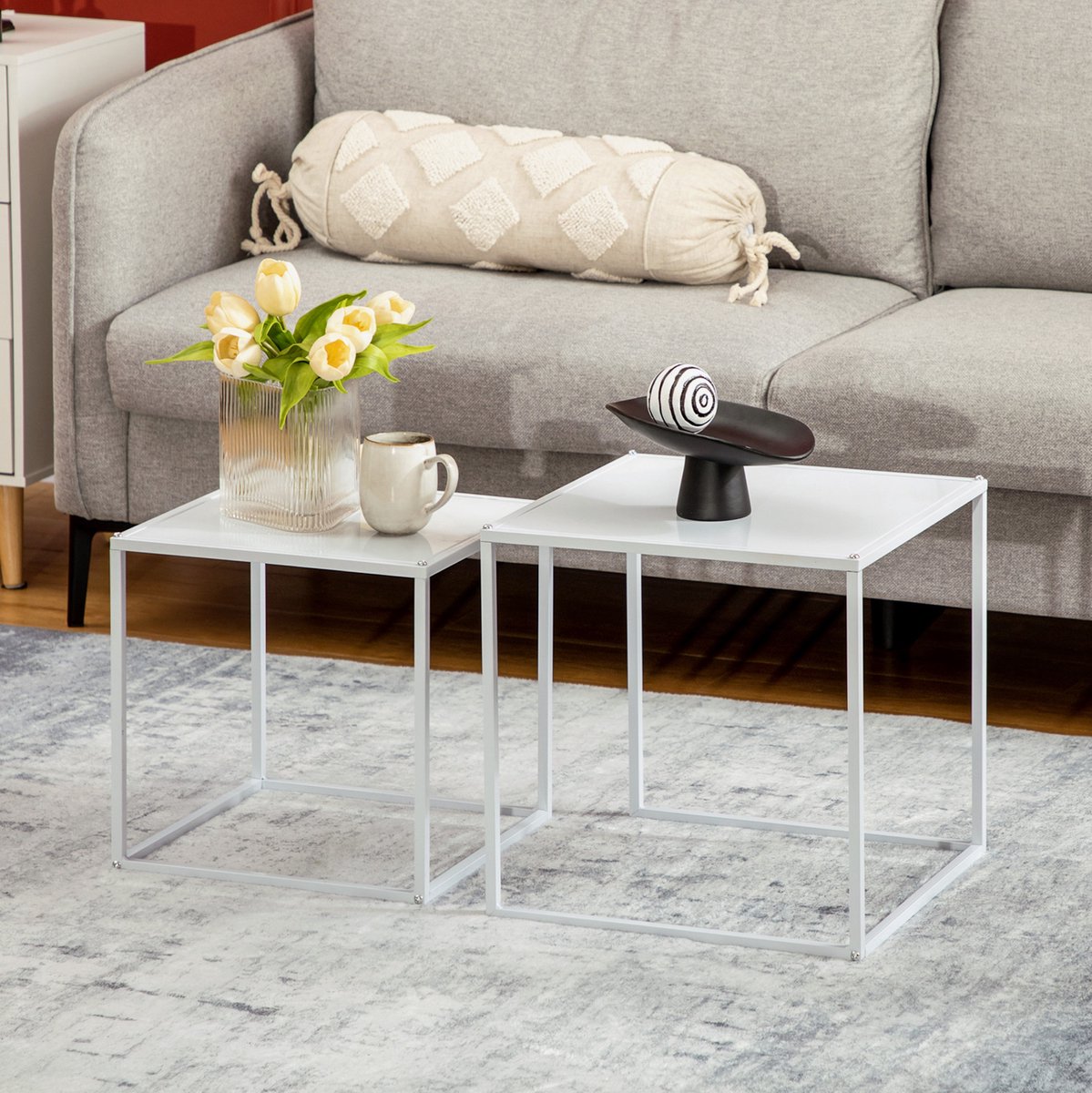 OKWISH Salontafel Set Van 2 - Vierkant Modern Design Met Staalframe - Voor Woonkamer - Wit - 40 X 40 X 40 Cm