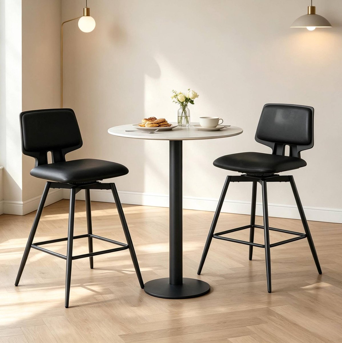 MIVRAY Barkruk 45,5 Cm - 360° Draaibaar Met Ergonomische Rugleuning En Voetsteun - Voor Keuken En Bar - Kunstleer - Zwart
