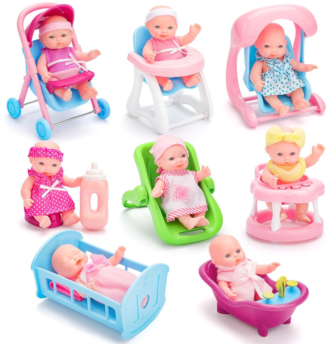 Elzusha - Set van 8 Mini Baby Poppen met Accessoires