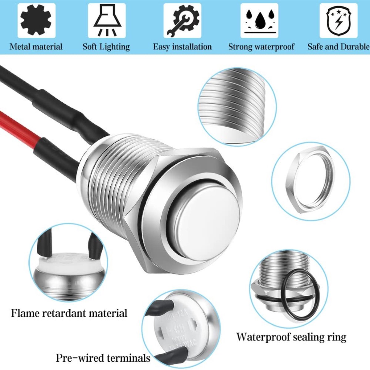 Elzusha - Waterdichte Momentary Drukknop met Hoge Hoofd, 12 mm