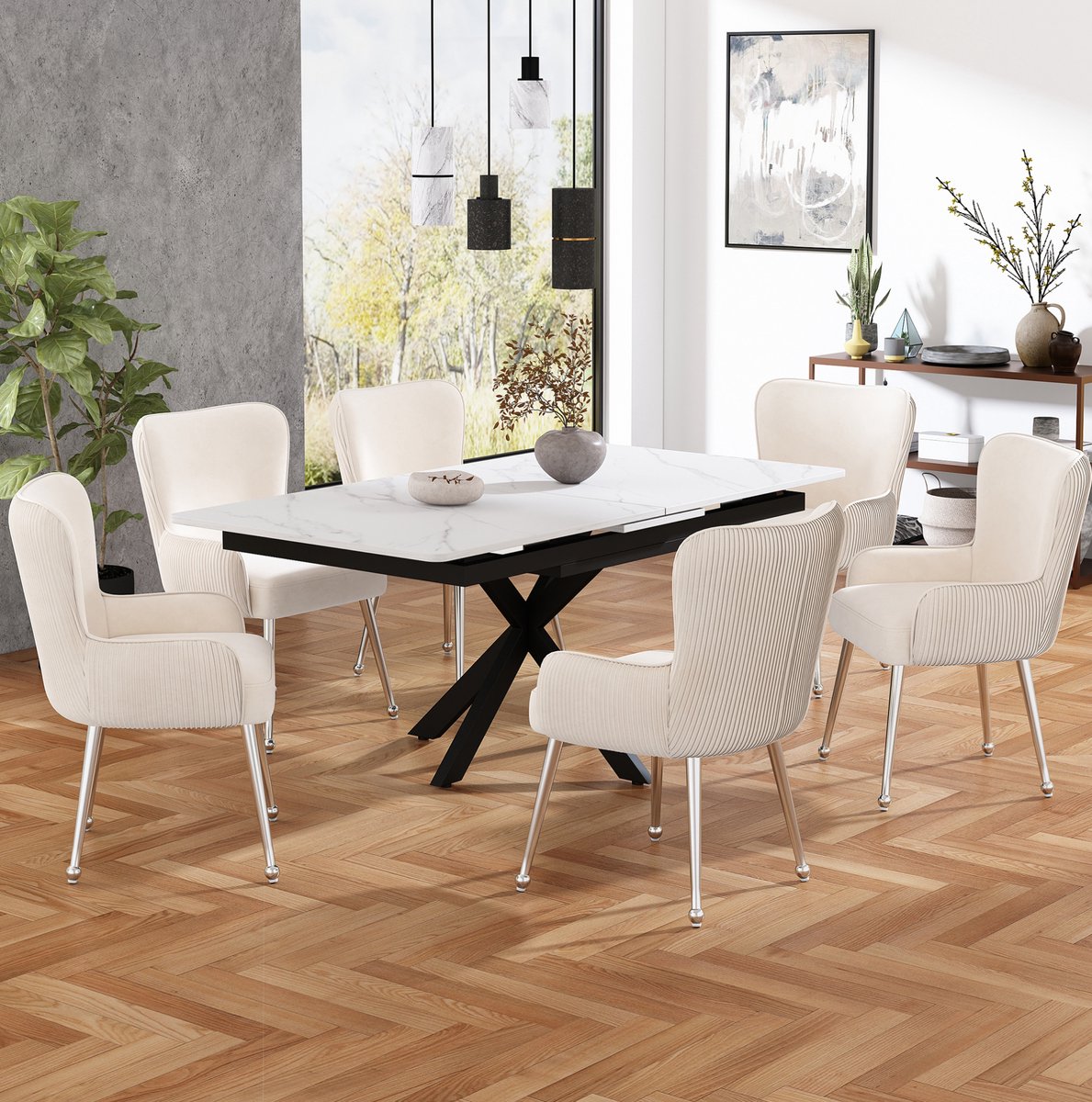 Wishdor Eetkamerstoel - 6-delige set met armleuningen - Lendensteun en verstelbare voeten - Modern - Eetkamer woonkamer - Velvet en metaal - Beige - 53 x 57 x 83 cm