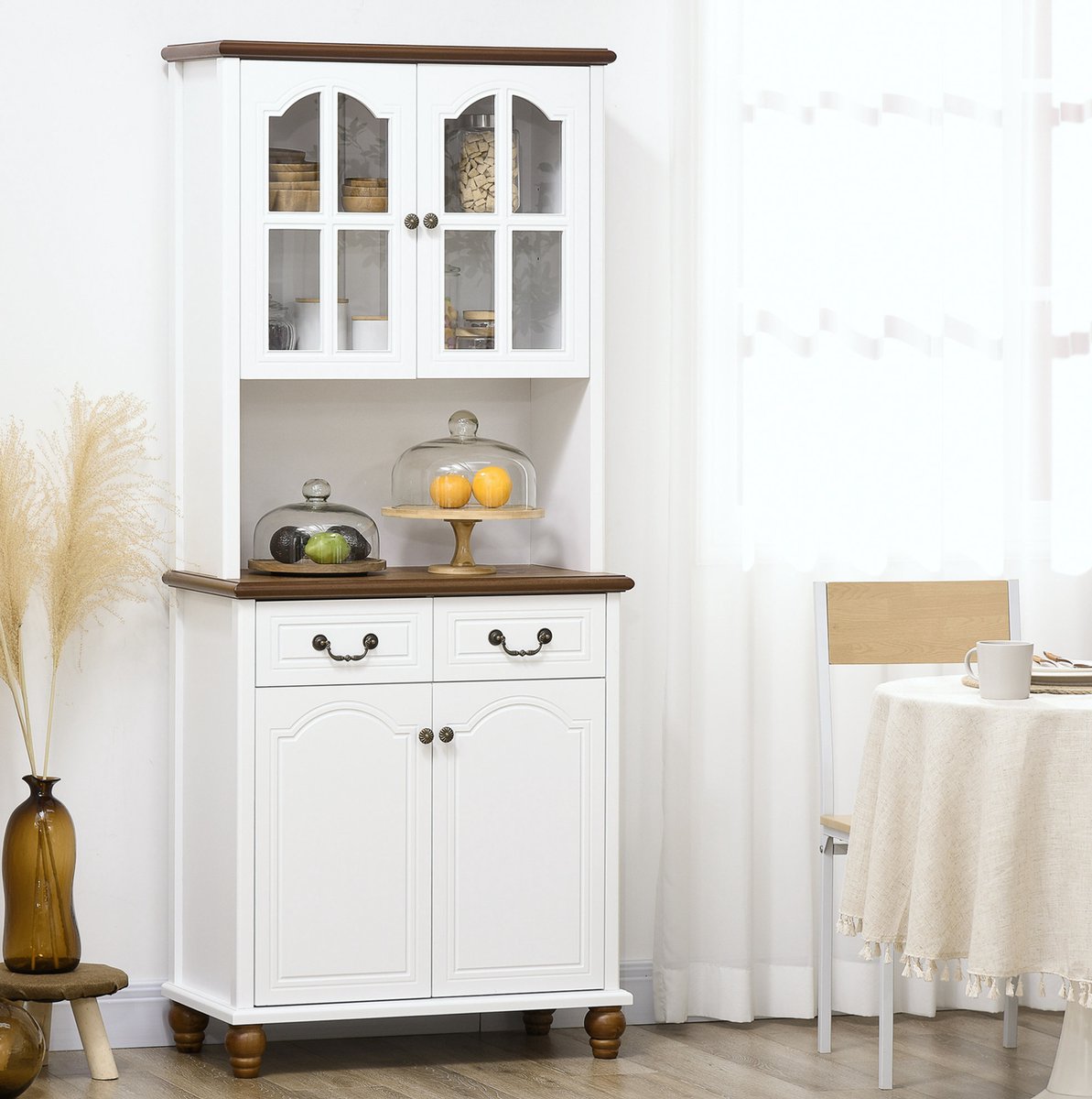 STILVORA Keukenkast - Hoge Vitrinekast Met 2 Lades En Open Vak - Voor Keuken, Eetkamer En Woonkamer - MDF - Wit - 76 X 38 X 182 Cm