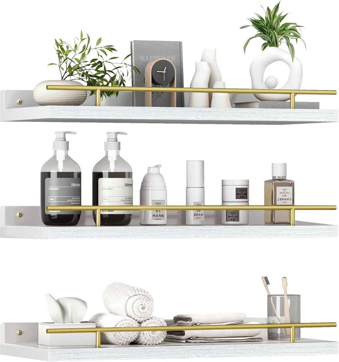 Drijvende Wandplanken - Wit - 15,7 x 6 inch - Houten Planken met Metalen Leuning - Voor Badkamer, Woonkamer en Keuken