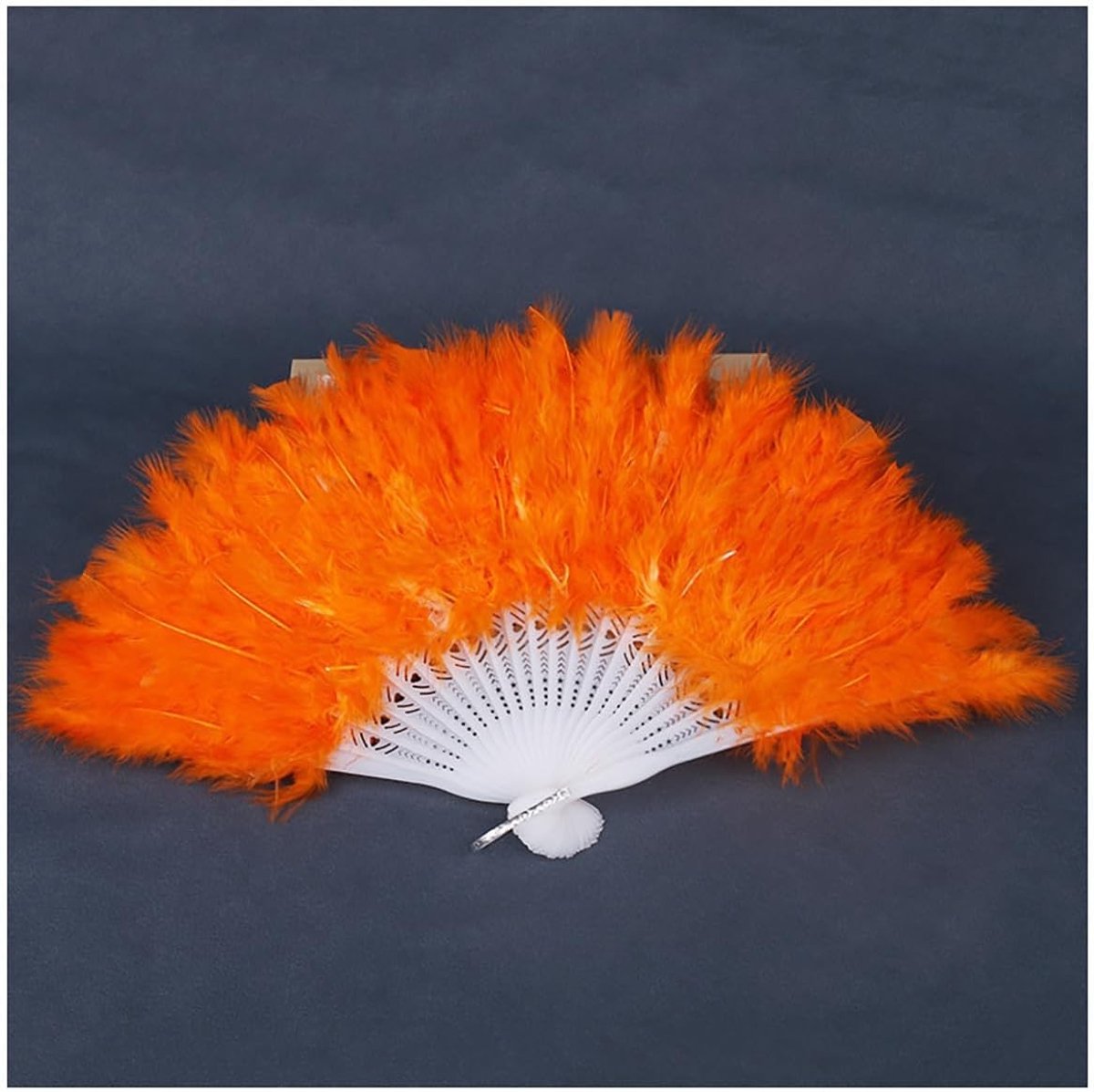 Elegante Vouwwaaier met Veren en Kant voor Bruid en Bruiloft - Retro Dansaccessoire in Oranje voor Kostuum en Feestelijke Gelegenheden