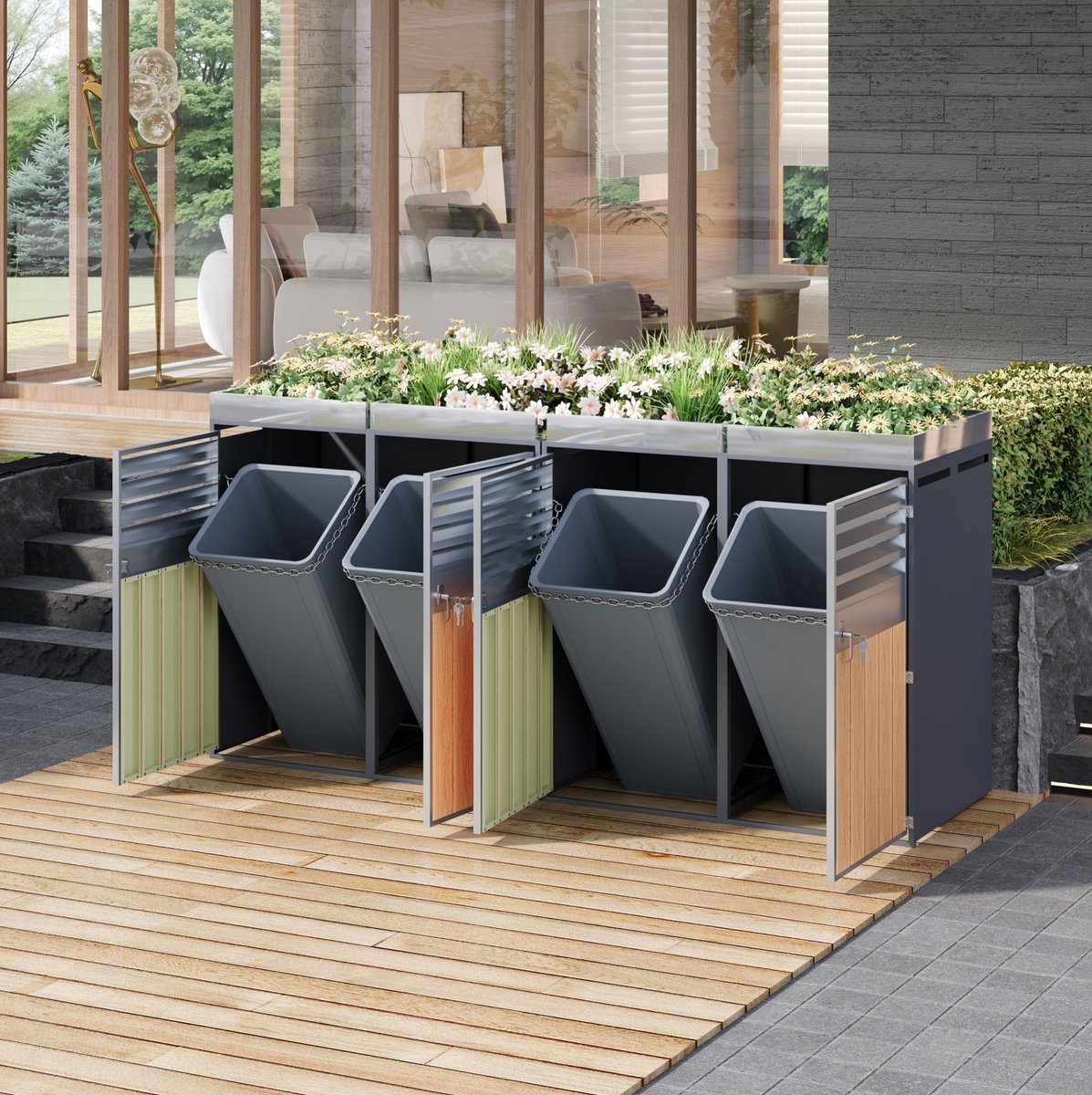 COVREO Containerberging 132x80x124,5 cm grijs houtlook met plantenbak