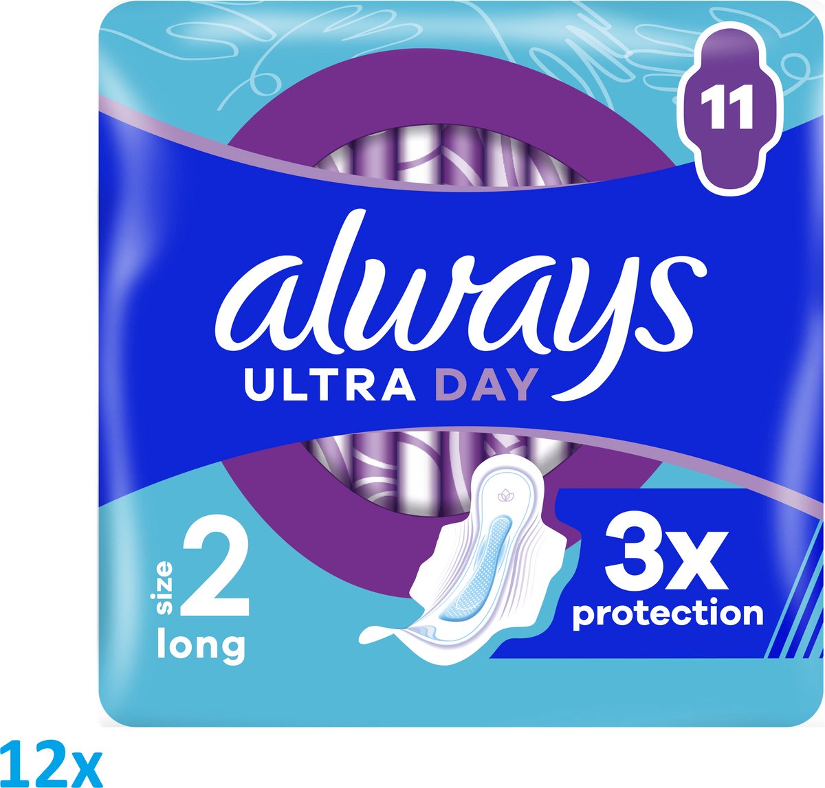 Always Ultra Day Long Maandverband Maat 2 – 12 x 11 Stuks – Met Vleugels – Voordeelverpakking