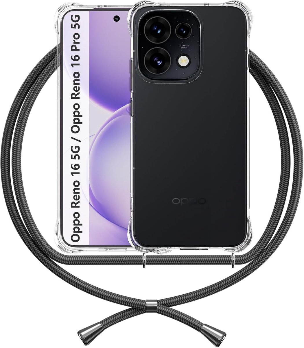 Zandarix Hoesje Geschikt voor Oppo Reno 16 / 16 Pro - Siliconen Anti Schok - Versterkte Hoeken - Bumper - Crossbody Koord - Back Cover Hoesje - Zwart