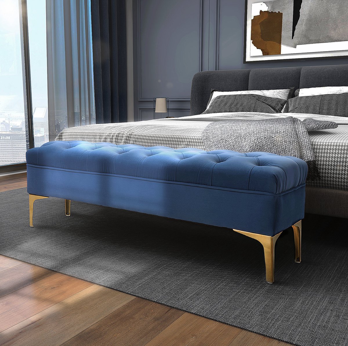 REDOM - Bankje - Geknopt gestoffeerd zitvlak - Hoge metalen poten - Multifunctioneel - Slaapkamer en hal - Velvet - Blauw en goud - 118 x 45 x 42 cm