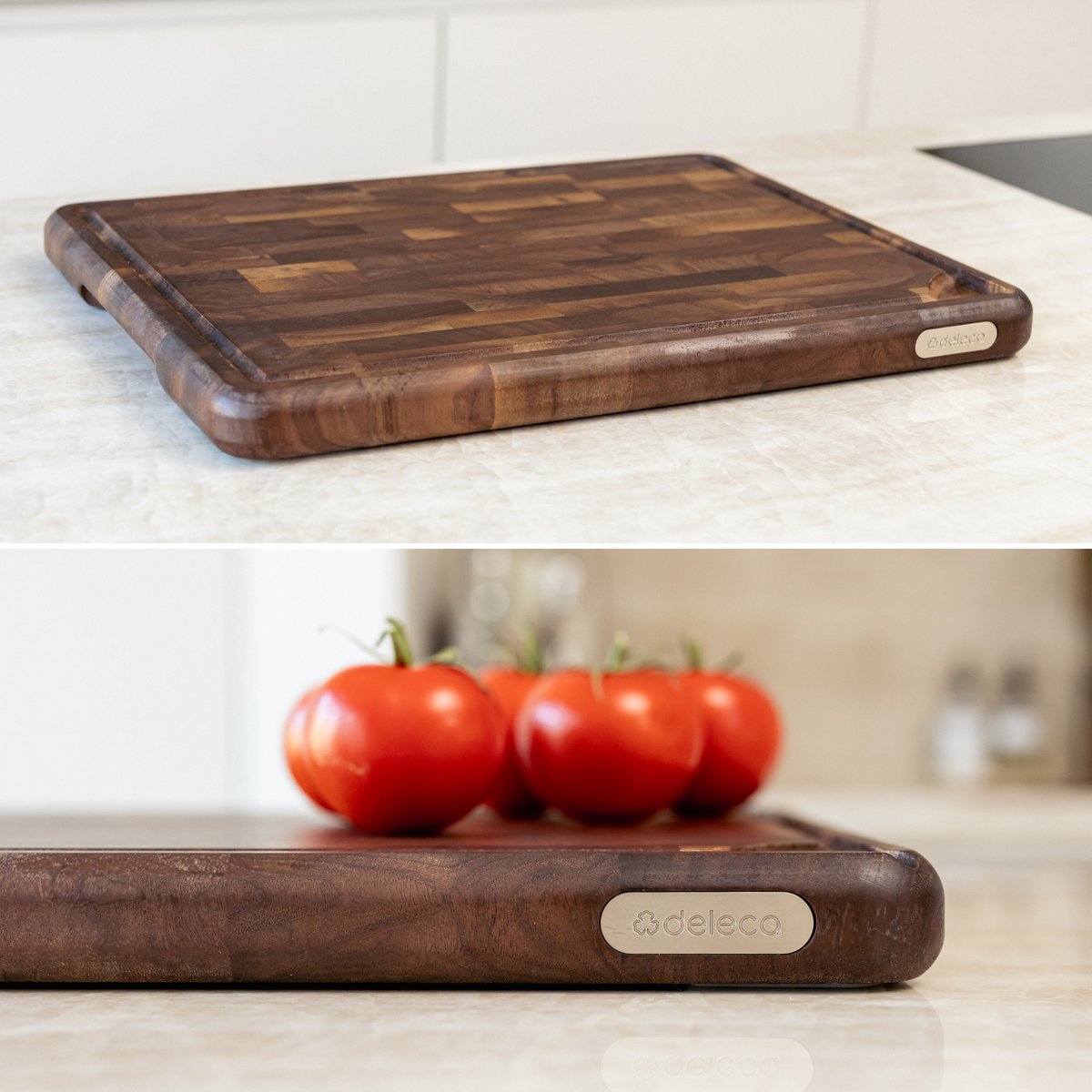 Deleca Walnoot Kopshouten Snijplank met Sapgeul - Hakblok Hout Voor Keuken - Anti-slip / Handgrepen – Signature Houten Amerikaans Walnoten Kopshout - 43x33x3 cm — cadeau in Kookcadeaus - foto 4