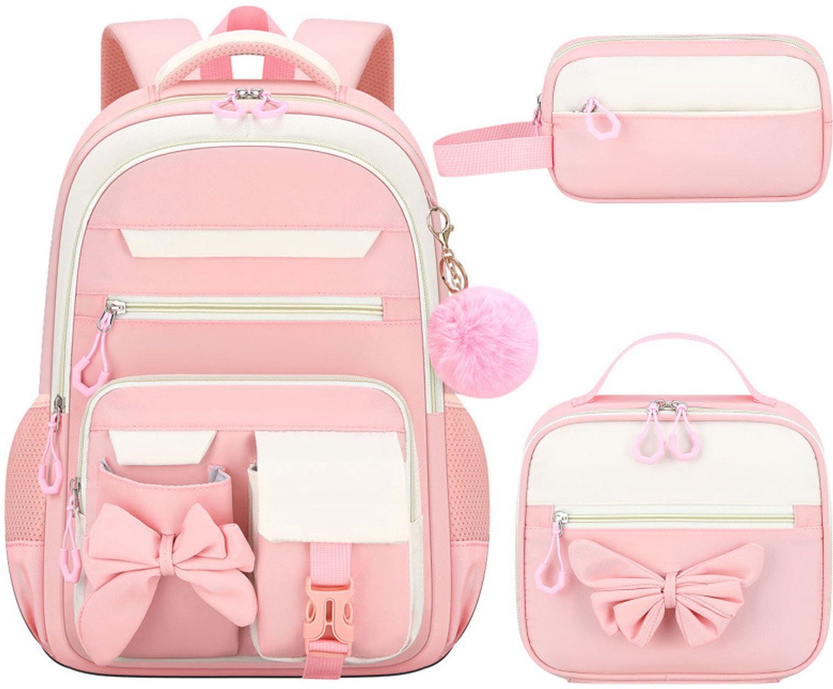 Rugzak kind - Rugzak voor meisjes - 3 delige schooltasset voor kinderen - met lunchtas en etui - schattige vlinder schooltas - Oxford stof - geschikt voor basisschool- en middelbare scholieren - 30*10*45 cm - Roze