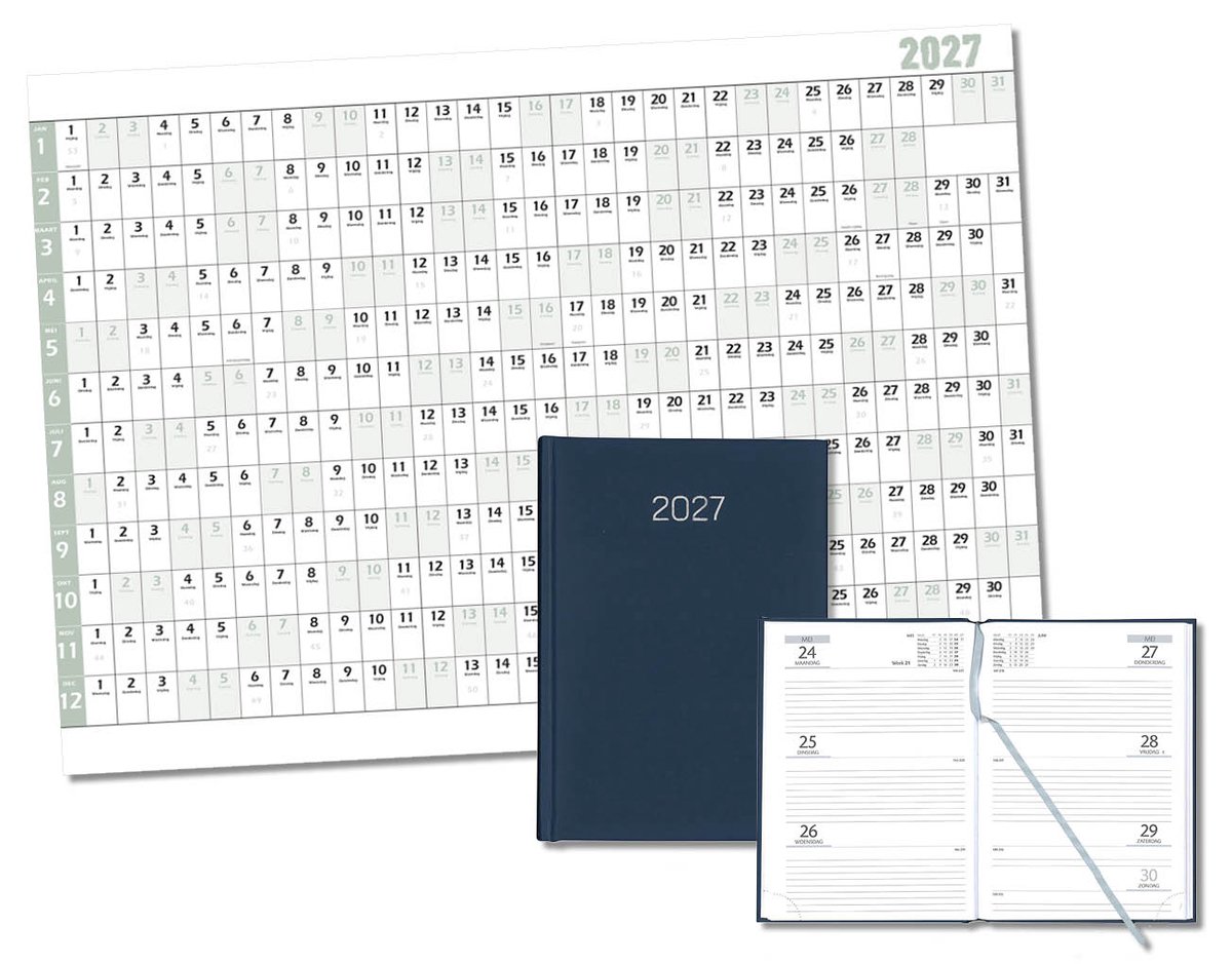 MGPcards - Bureau Week-agenda 2027 - H72 - A5 - 1 week 2 pagina's - Nederlandstalig - Gewatteerde omslag - 14.8 x 21 cm - Mat Donkerblauw + Jaar kalender - Kalender 2027 - Wandplanner - Jaarplanner - Grote planner - A1 formaat - Poster - 84 x 60 cm