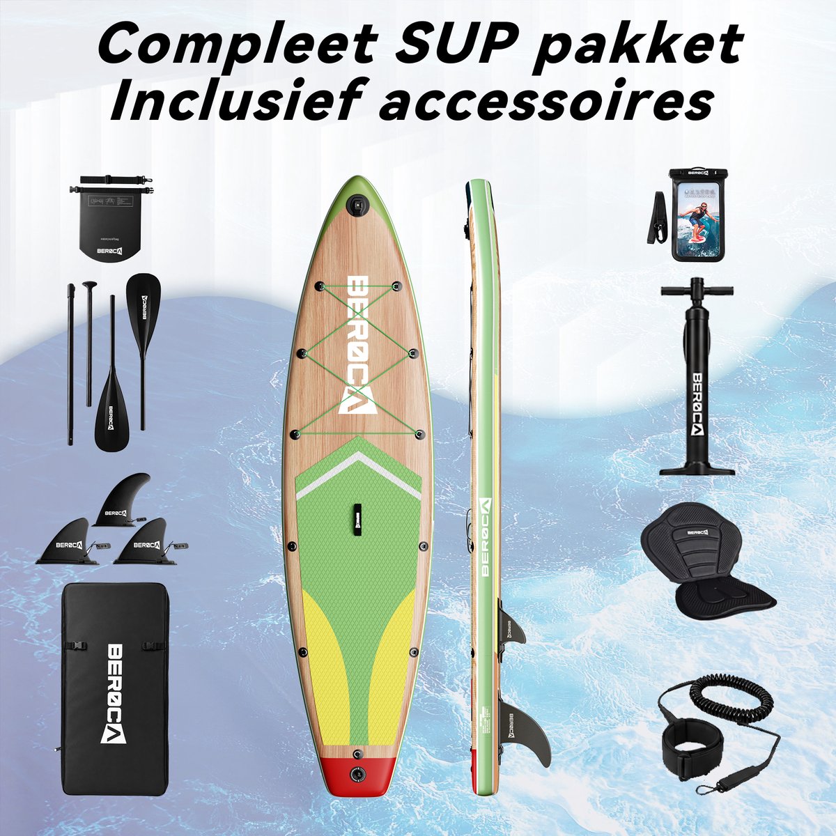 BEROCA SUP Board - met Zitje - Sup Board Opblaasbaar - Complete Set - 320x81cm - Max. 160 kg - Houtnerf Geel – foto 8