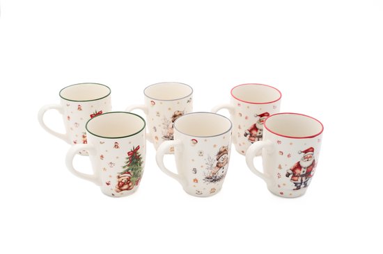 Set van 6 mokken met kerstprints: kerstboom met beer, sneeuwpop en Sinterklaas.