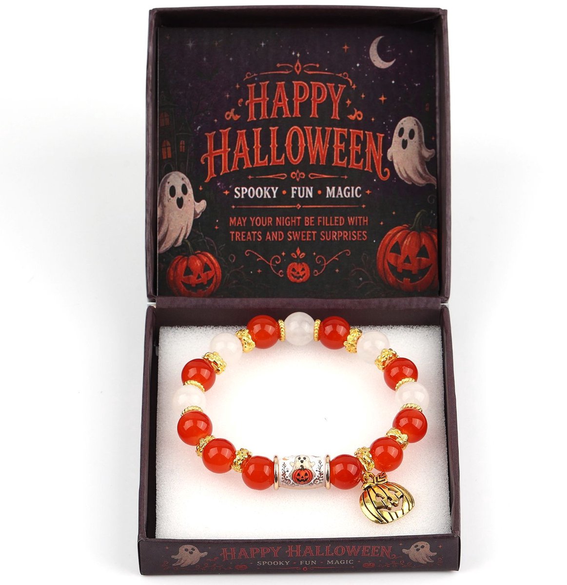 Casalora® Halloween Armband – Pompoen en Spook Sieraden met UV Print Bedels – Feestelijke Halloween Accessoire van Resin en Metaallegering – Cadeau voor Halloween Feest