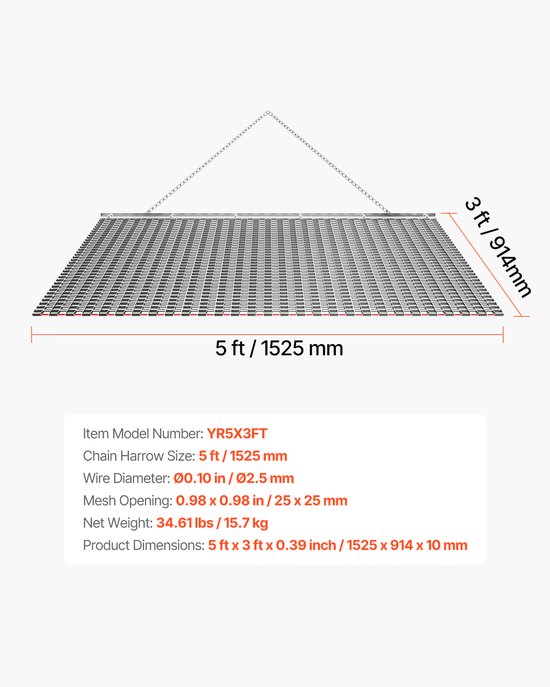 Getrokken Eg 1525x914 mm, Weide-Eg en Akker-Eg van Gegalvaniseerd Staal met Sleepketting, Geschikt voor ATV's, UTV's en Tractoren voor het Egaliseren van Grindwegen, Paden en Velden — afbeelding 3