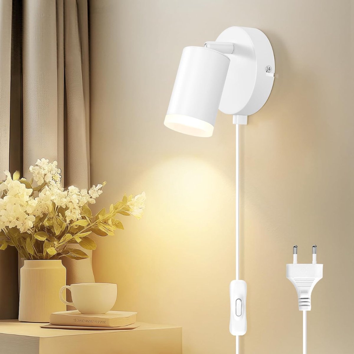 DYVNS® Wandlamp Binnen met Snoer - Lamp met Stekker - Met Schakelaar - Draaibaar 350 Graden - Wit
