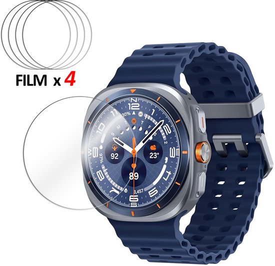 Vier ronde transparante screenprotectors en een donkerblauwe smartwatch met zilveren rand en oranje accenten.