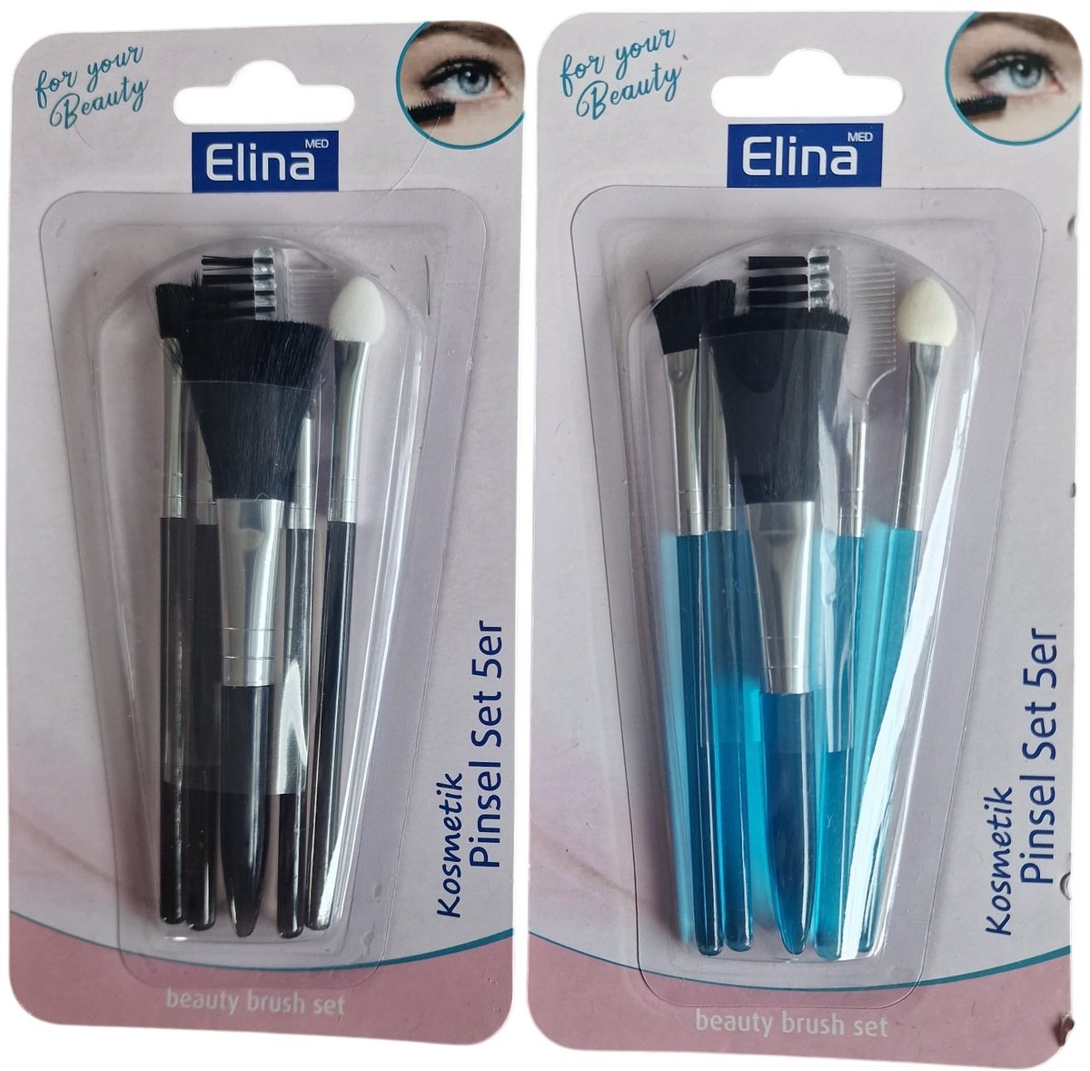 Elina XL Cosmetische Borstelset – 2 Sets van 5 – 10 cm – Blister – Totaal 10 borstels – Blauw & Zwart