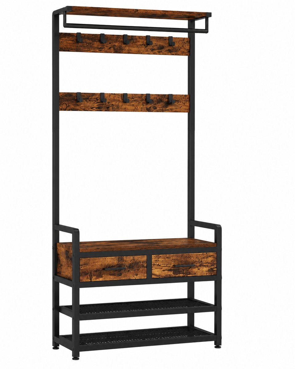 Sellino Kapstok - Met schoenenbank - 6 in 1 - 10 Haken - Stevig frame - 80,4 × 30 × 181,6 cm - Draagvermogen 100 Kg - Bruin/Zwart
