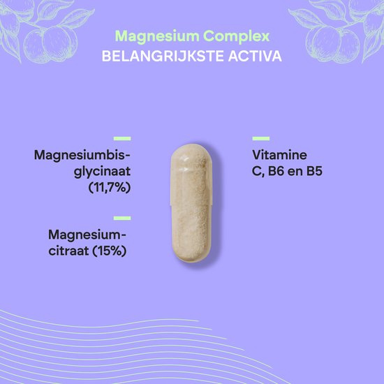 Een enkele capsule met de tekst Magnesiumbisglycinaat (11,7%) en Magnesiumcitraat (15%), Vitamine C, B6 en B5.