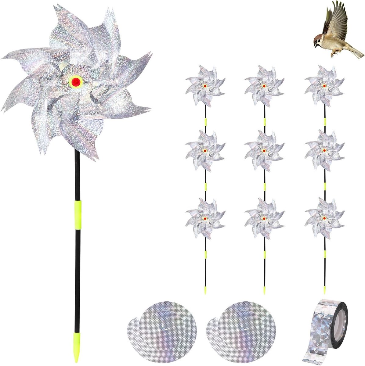 Set van 10 Reflecterende Windmolens voor Vogels met 2 Spiralen en 50 Meter Reflecterende Band voor Vogels, Glanzend Zilver Spinner