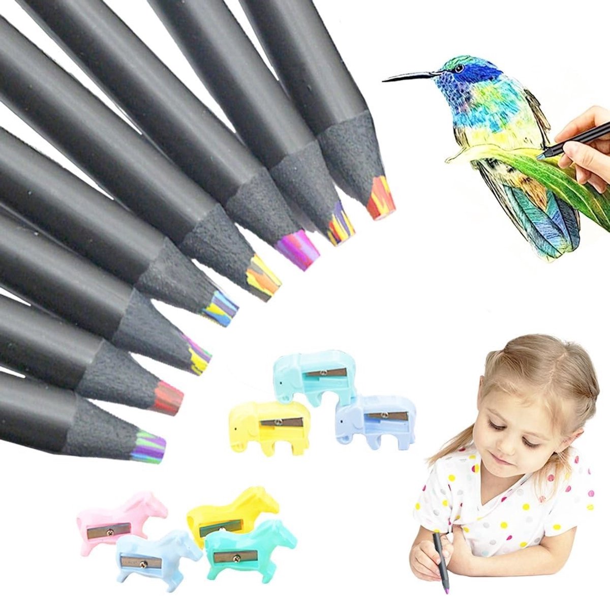 Set van 8 Regenboog Kleurpotloden met 2 Puntenslijpers, Creatieve Knutselcadeaus voor Kinderen, Perfect voor Pasen en Feestdagen