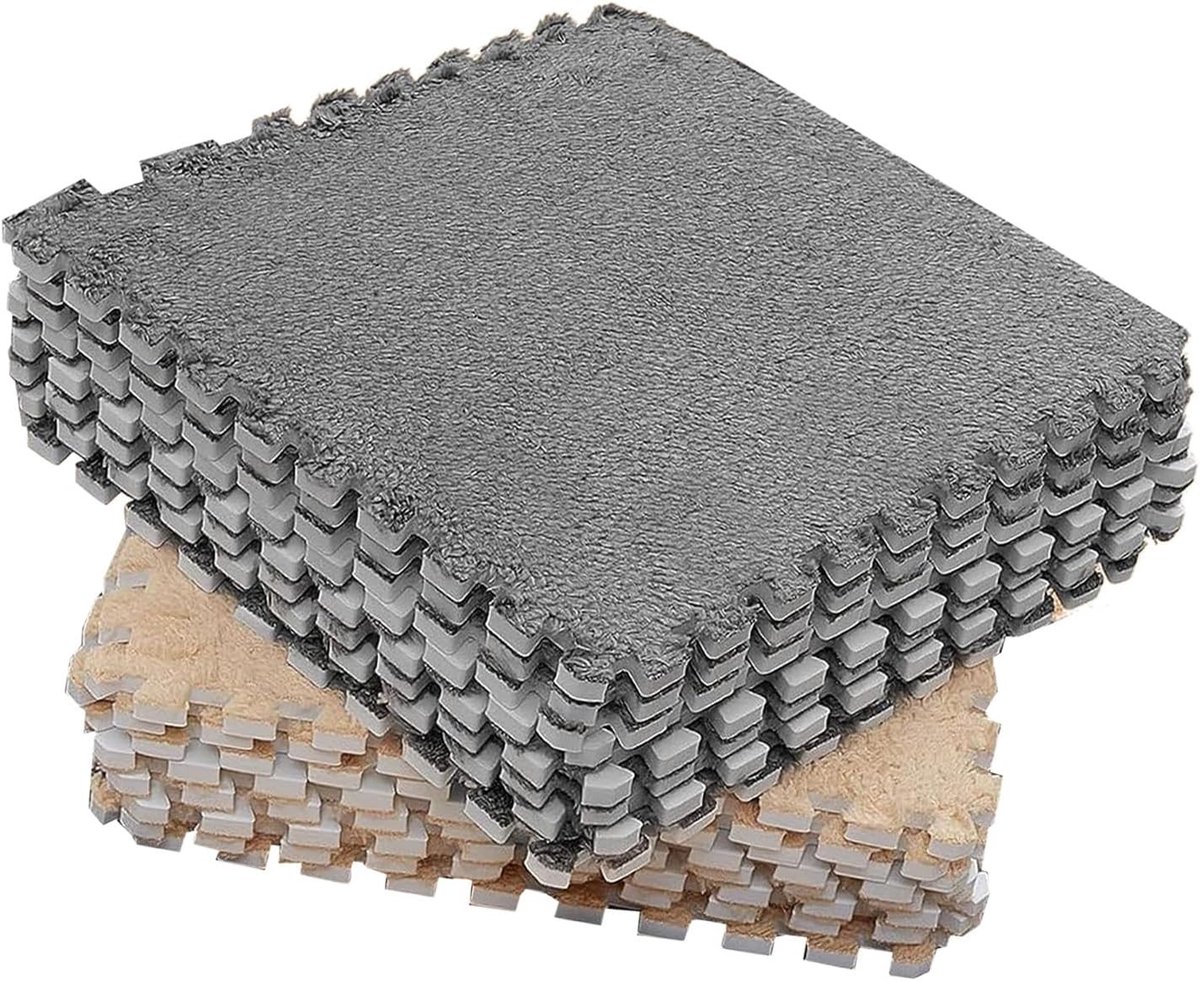 Set van 10 Stuks 30 cm Pluche Schuim Vloermatten, Ideaal voor Speelkamers en Kinderen, Grijs en Camel