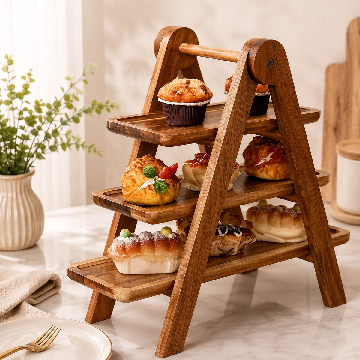 Drie-Laags Houten Groente- en Voedselrek, Strakke Opbergplanken voor Keuken en Hotpot Restaurant, Vrijstaand, voor Herfst- en Halloween Decoratie, Cadeau voor Familie en Vrienden